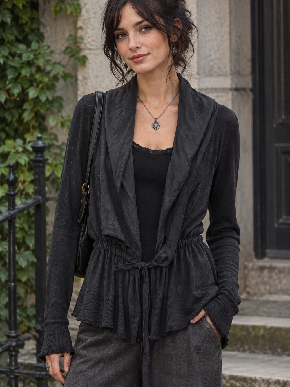 Dkny Charcoal Black Drawstring Draped Blazer